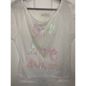 Aeropostale T-Shirt Women's Small Top Crop‎ Glitter Love White